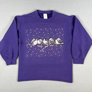 VTG Bird Sweatshirt Womens S Chickadees‎ Snowflakes Winter Nature Grannycore USA